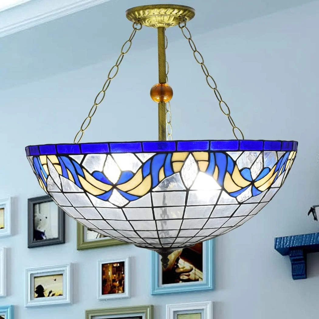 چراغ سقفی به سبک تیفانی، لوستر خلاقانه آبی مدیترانه ای تیفانی برای اتاق نشیمن، رستوران، کافی شاپ، چراغ های آویز 22 اینچی