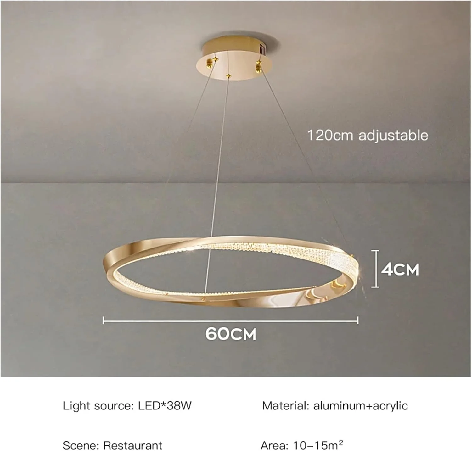 لوستر آویز مدرن و خلاقانه با طراحی حلقه ای، طلایی روشن، چراغ آویز LED برای اتاق نشیمن، اتاق خواب، اتاق غذاخوری، آشپزخانه، دکور مدرن، تک رنگ - 60 سانتی متر