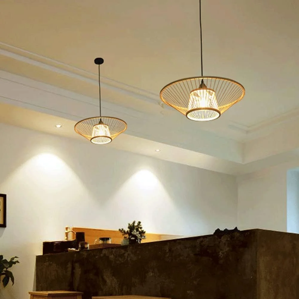 آباژور حصیری، چراغ آویز به سبک ساحلی، چراغ آویز دو لایه قفس راتانی، چراغ های آویز توخالی دست ساز DIY Boho، وسایل روشنایی حصیری، لوستر