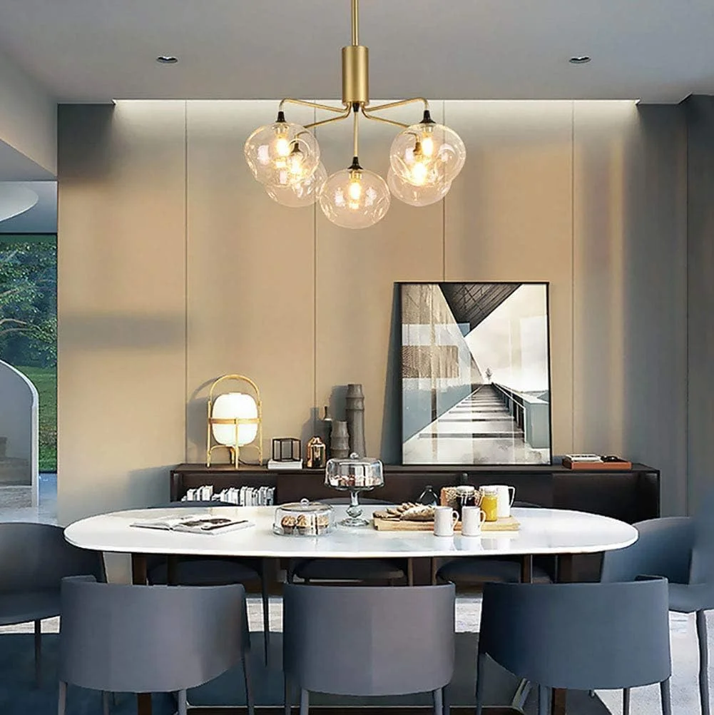 لوسترهای مشکی با کلاهک شفاف، چراغ سقفی مدرن نیمه فرورفته، چراغ آویز فلزی شیشه ای، دکور مدرن، طلایی - 5 شاخه