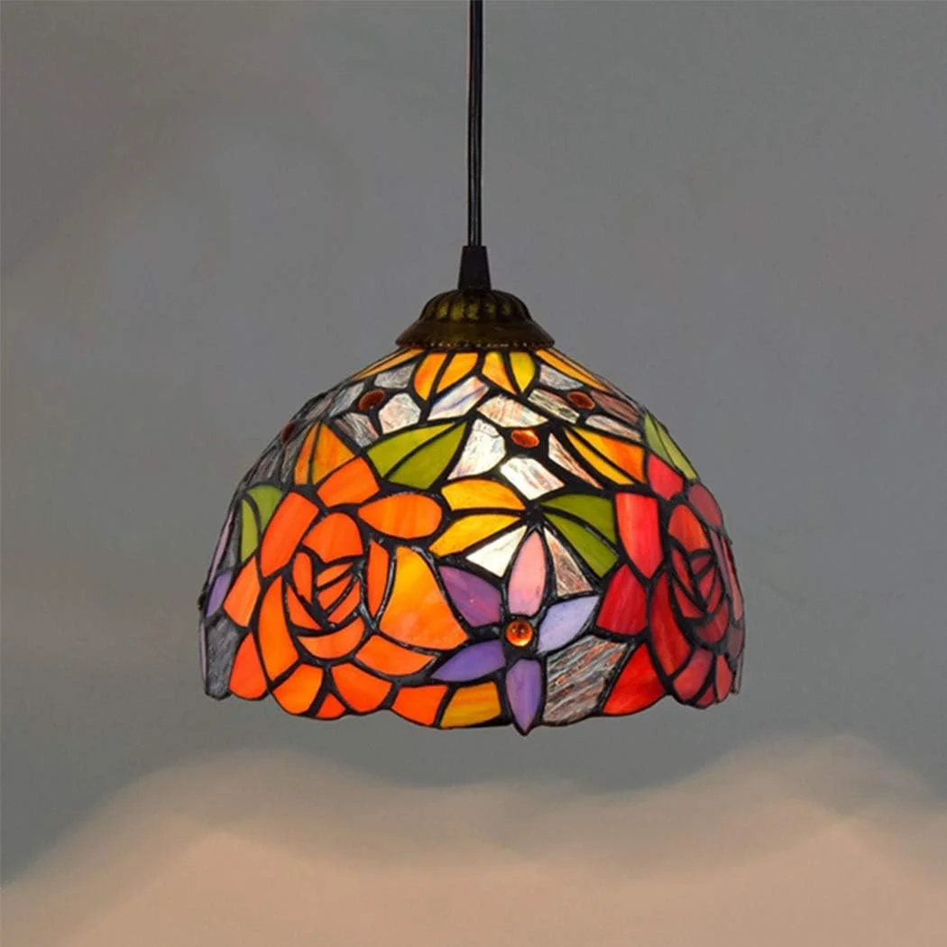 لوستر آویز تیفانی 8 اینچی، لوستر شیشه ای رنگی خلاقانه، چراغ آویز شخصیت هنری، دکوراسیون گل رز رترو، مناسب اتاق نشیمن، اتاق غذاخوری، ایوان، راهرو، بالکن