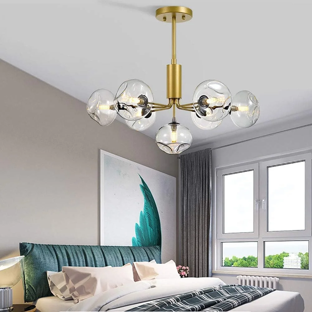 لوسترهای مشکی با کلاهک شفاف، چراغ سقفی مدرن نیمه فرورفته، چراغ آویز فلزی شیشه ای، دکور مدرن، طلایی - 5 شاخه