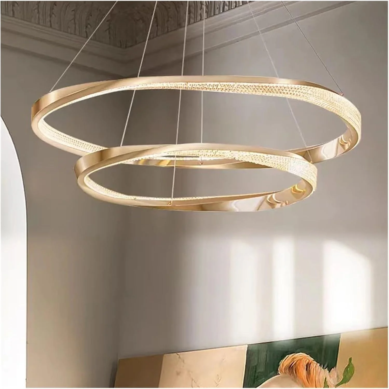لوستر آویز ال ای دی طرح حلقه مدرن و خلاقانه طلایی روشن مناسب اتاق نشیمن، اتاق خواب، ناهارخوری و آشپزخانه، دکور مدرن، تک رنگ - 60+80 سانتی متر