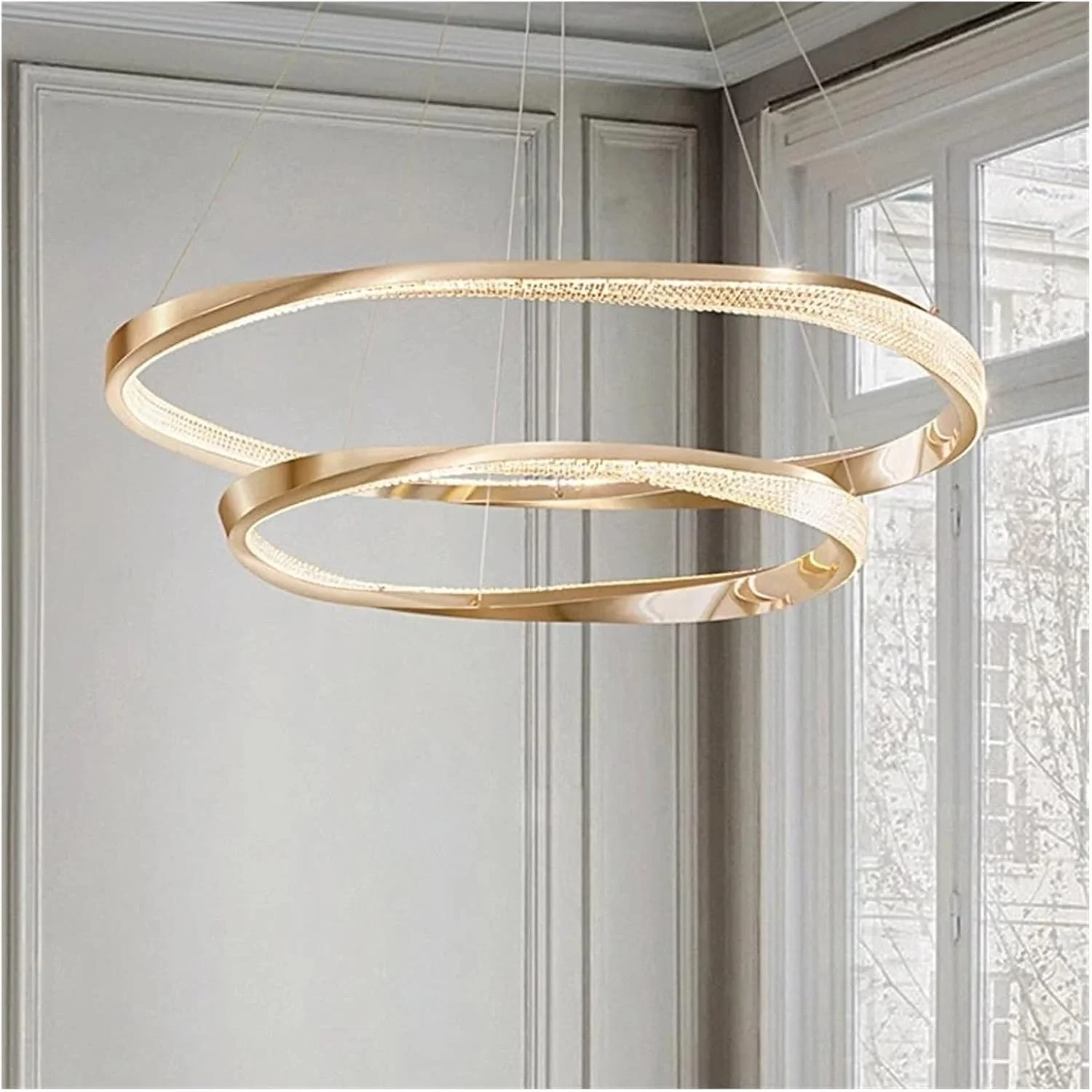 لوستر آویز مدرن و خلاقانه با طراحی حلقه ای، طلایی روشن، چراغ آویز LED برای اتاق نشیمن، اتاق خواب، اتاق غذاخوری، آشپزخانه، دکور مدرن، یک رنگ - 80+100 سانتی متر