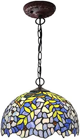 لوستر، آویز ویستریا بنفش شیشه ای رنگی به سبک تیفانی با آباژور دست ساز، مناسب برای تزئین اتاق