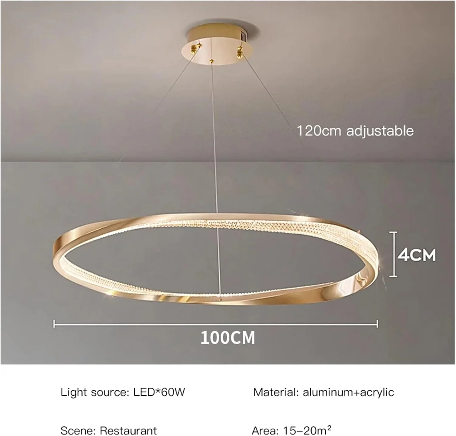 لوستر آویز LED طلایی روشن با طراحی حلقه مدرن و خلاقانه برای اتاق نشیمن، اتاق خواب، اتاق غذاخوری و آشپزخانه، دکور مدرن، تک رنگ - 100 سانتی متر