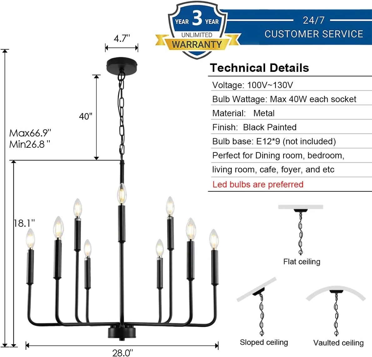 لوسترهای مشکی برای روشنایی اتاق ناهارخوری بالای میز، لوسترهای مدرن روستایی برای ورودی، لوسترهای فلزی شمعی 9 شاخه صنعتی برای اتاق نشیمن، اتاق خواب، جزیره آشپزخانه، سرسرا
