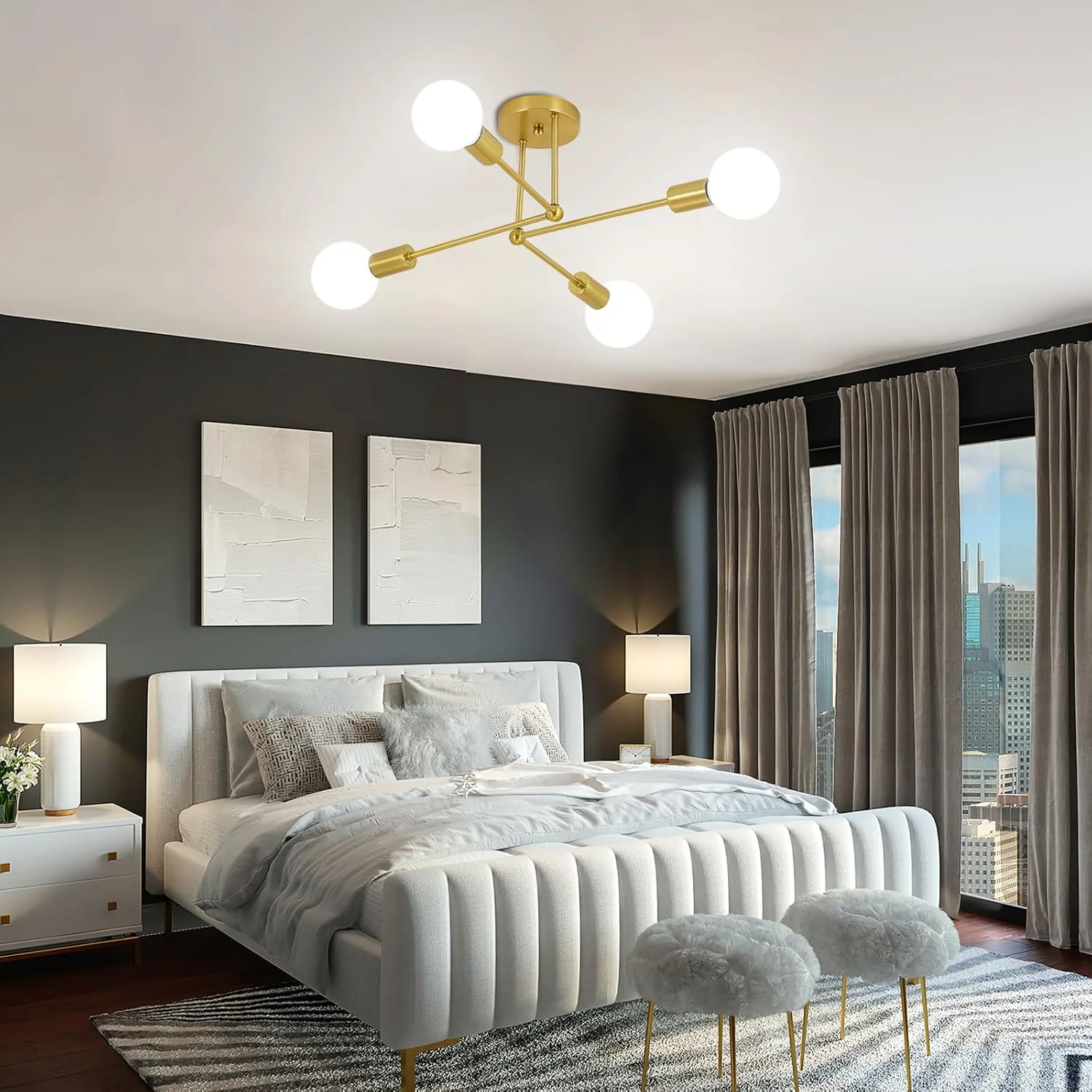 لوستر آویز مدل Sputnik CIBITA، چراغ سقفی صنعتی 4 شاخه، چراغ سقفی طلایی آهنی برای اتاق خواب، اتاق نشیمن، آشپزخانه، شکل DIY، پایه E27، قطر 72 سانتی متر (بدون لامپ)