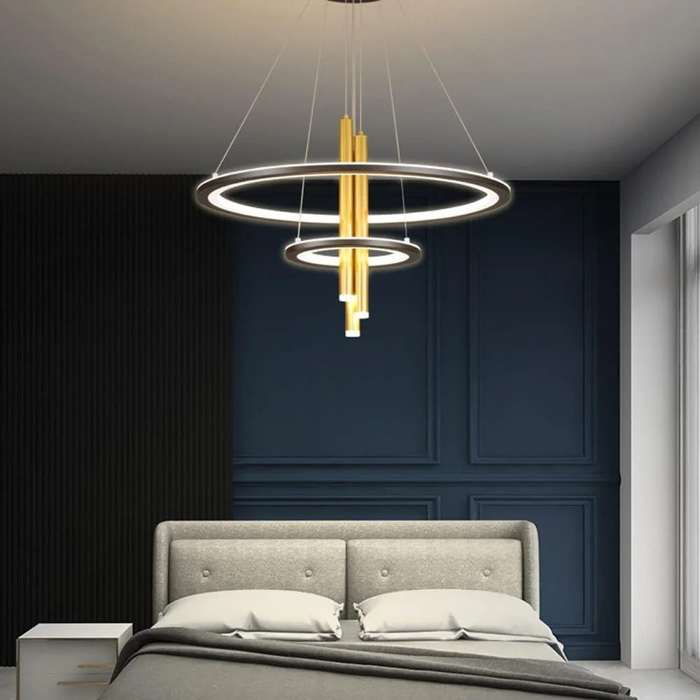 لوستر مدرن ال ای دی مناسب رستوران، اتاق نشیمن، چراغ آویز، لوستر طلایی سازگار با کافه بار، دکور مدرن، 3 نورافکن تیره