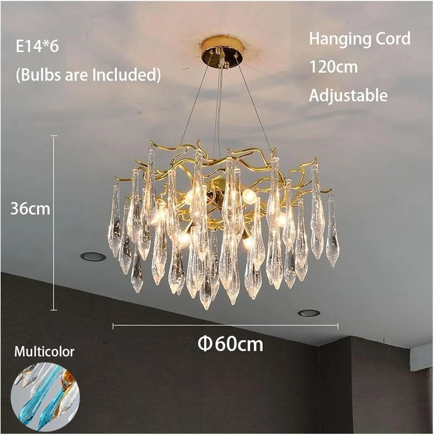 لوسترهای سقفی شیشه ای چراغ های ال ای دی لوکس آویزهای طلایی مدرن دکوراسیون منزل مناسب برای دکوراسیون اتاق ناهارخوری، دکور مدرن، یک رنگ - 60 سانتی متر