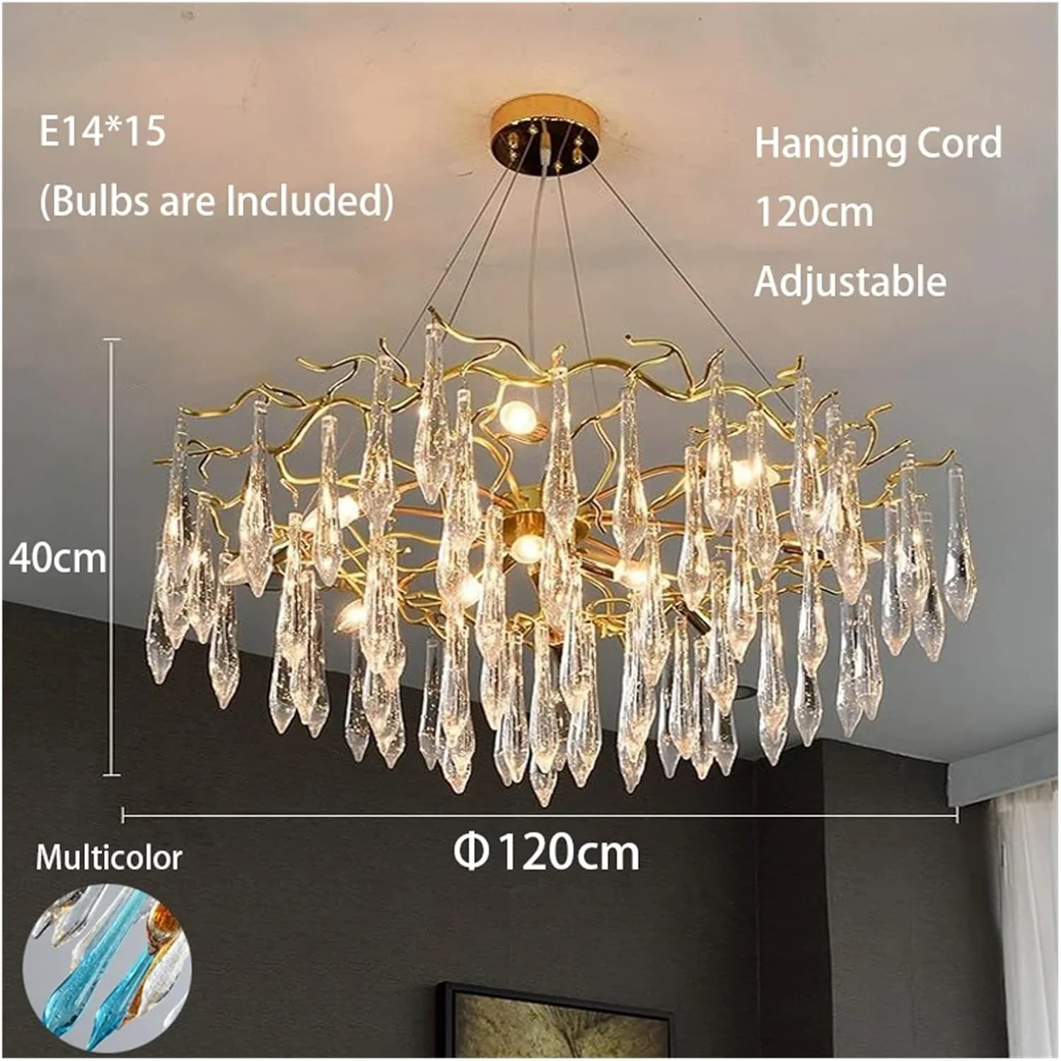 لوسترهای سقفی شیشه ای چراغ های ال ای دی لوکس آویزهای طلایی مدرن دکوراسیون منزل مناسب برای دکوراسیون اتاق ناهارخوری، دکور مدرن، یک رنگ - 120 سانتی متر