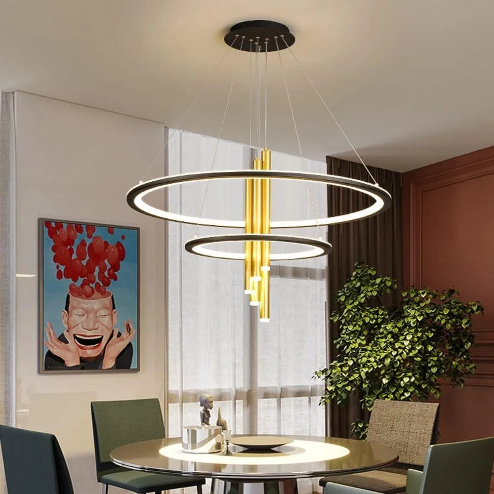 لوستر مدرن ال ای دی مناسب رستوران، اتاق نشیمن، چراغ آویز، لوستر طلایی سازگار با کافه بار، دکور مدرن، 5 نورافکن تیره