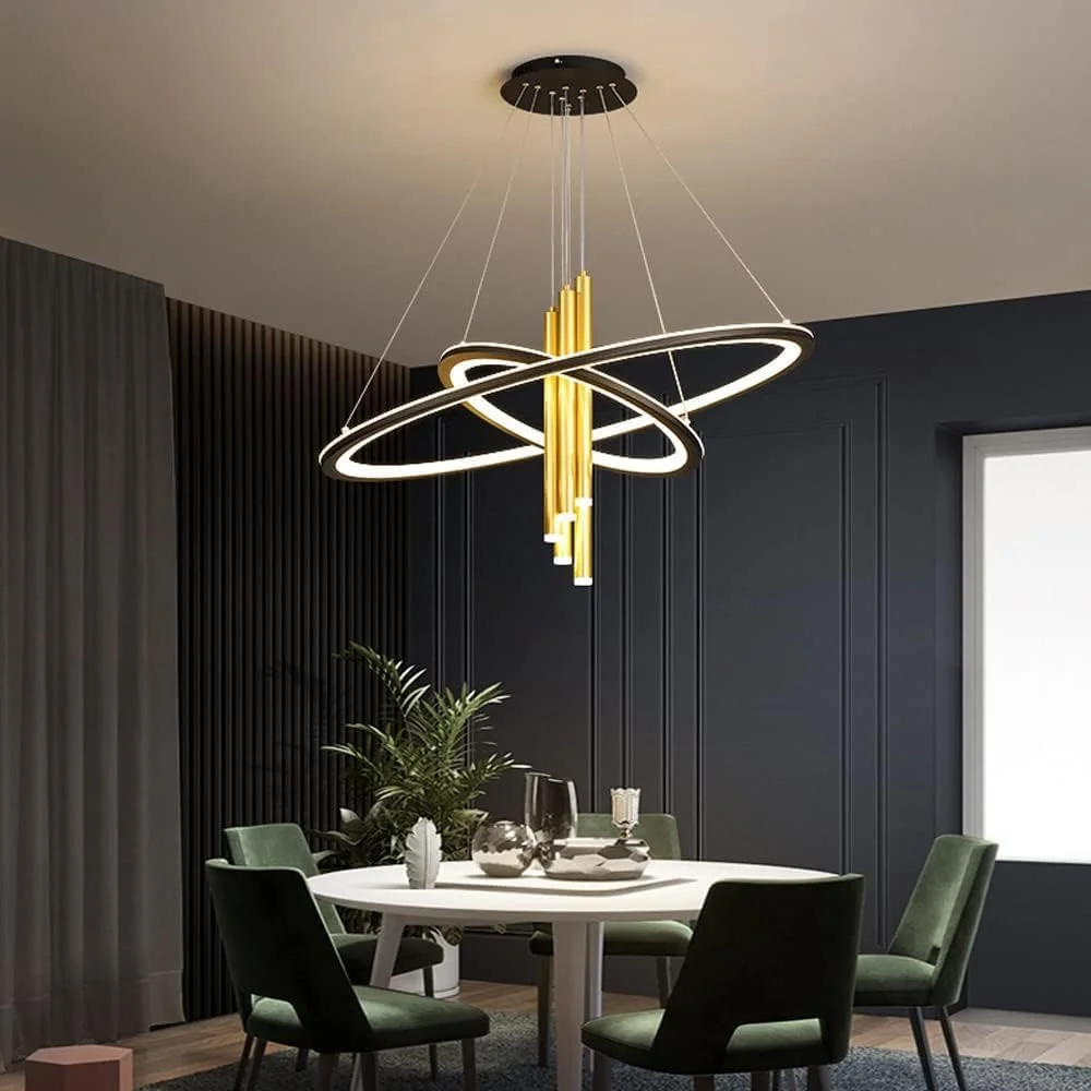 لوستر مدرن ال ای دی مناسب رستوران، اتاق نشیمن، چراغ آویز، لوستر طلایی سازگار با کافه بار، دکور مدرن، 5 نورافکن تیره