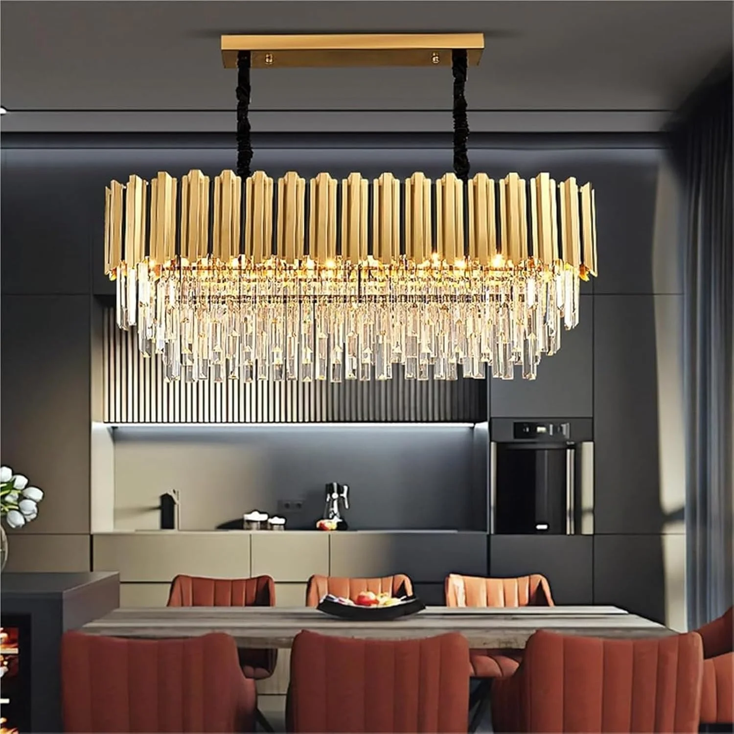 لوسترهای کریستالی مدرن خطی، لوستر مستطیلی طلایی لوکس برای اتاق ناهارخوری، چراغ آویز بیضی شکل معاصر، مناسب برای جزیره آشپزخانه، ورودی و سرسرا لوسترهای کریستالی مدرن خطی، لوستر مستطیلی طلایی لوکس برای اتاق ناهارخوری، چراغ آویز بیضی شکل معاصر، مناسب برای جزیره آشپزخانه، ورودی و سرسرا