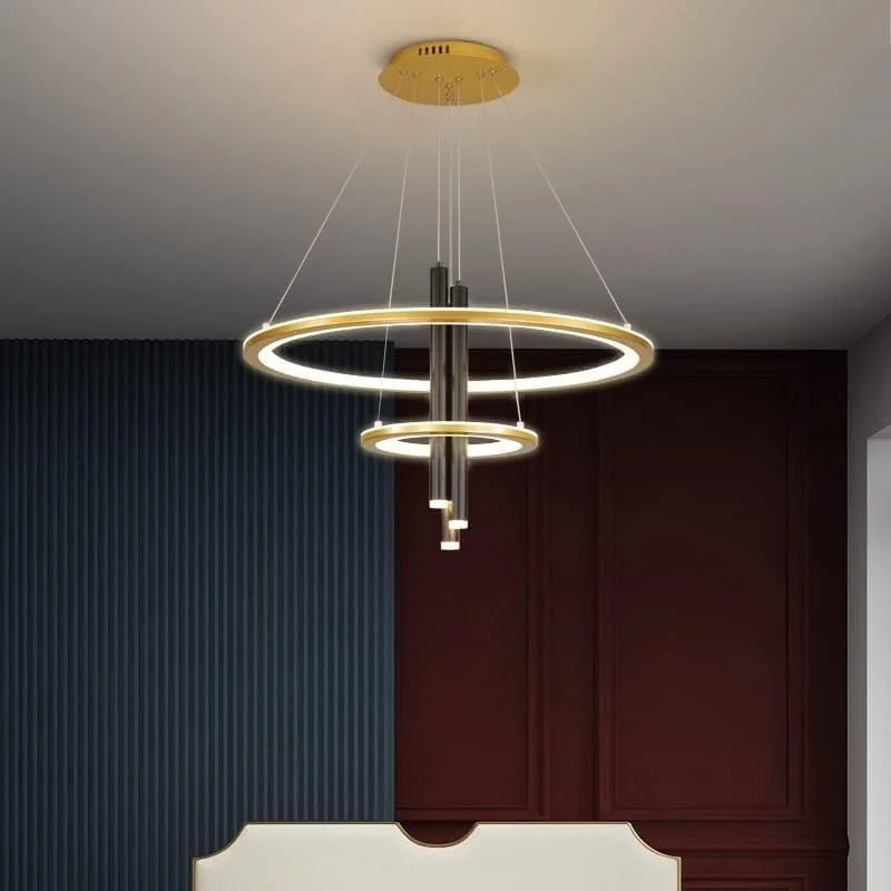 لوستر مدرن ال ای دی، چراغ آویز مناسب رستوران، اتاق نشیمن، لوستر طلایی سازگار با کافه بار، دکور مدرن، طلایی - 3 نورافکن