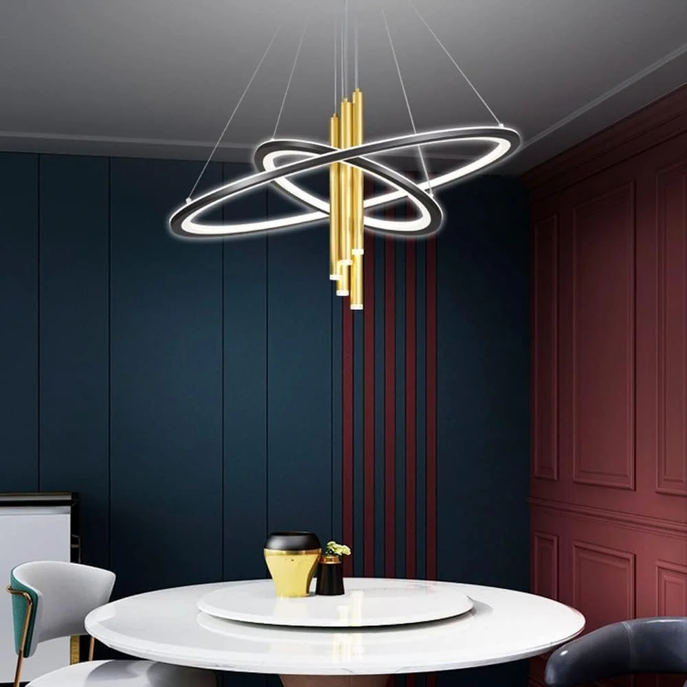 لوستر مدرن ال ای دی مناسب رستوران، اتاق نشیمن، چراغ آویز، لوستر طلایی سازگار با کافه بار، دکور مدرن، 5 نورافکن تیره