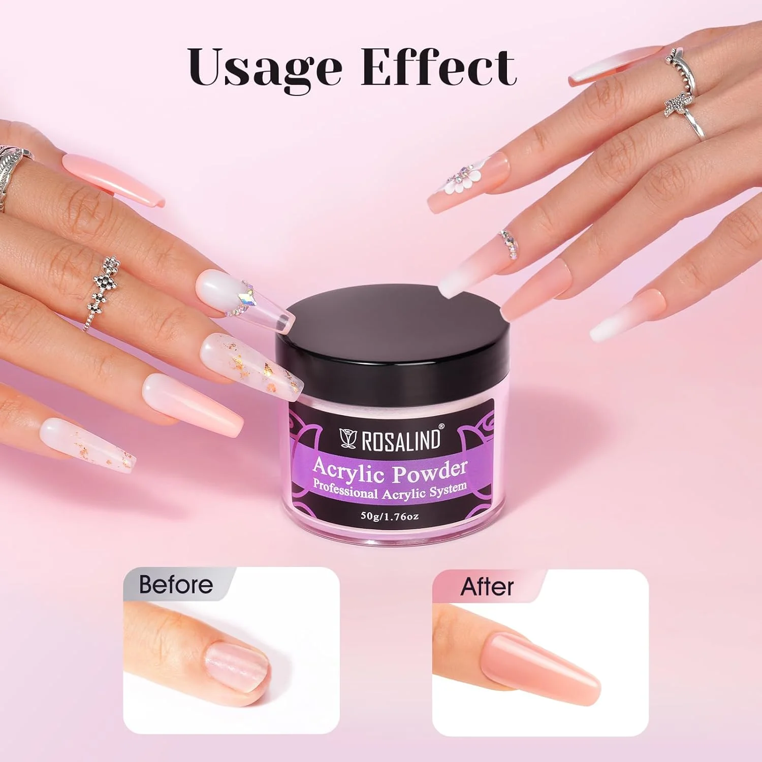 پودر اکریلیک صورتی کالباسی ROSALIND، 50 گرم، پودر اکریلیک صورتی برای کاشت ناخن، پودر پلیمر کریستالی حرفه ای برای طراحی ناخن اکریلیک