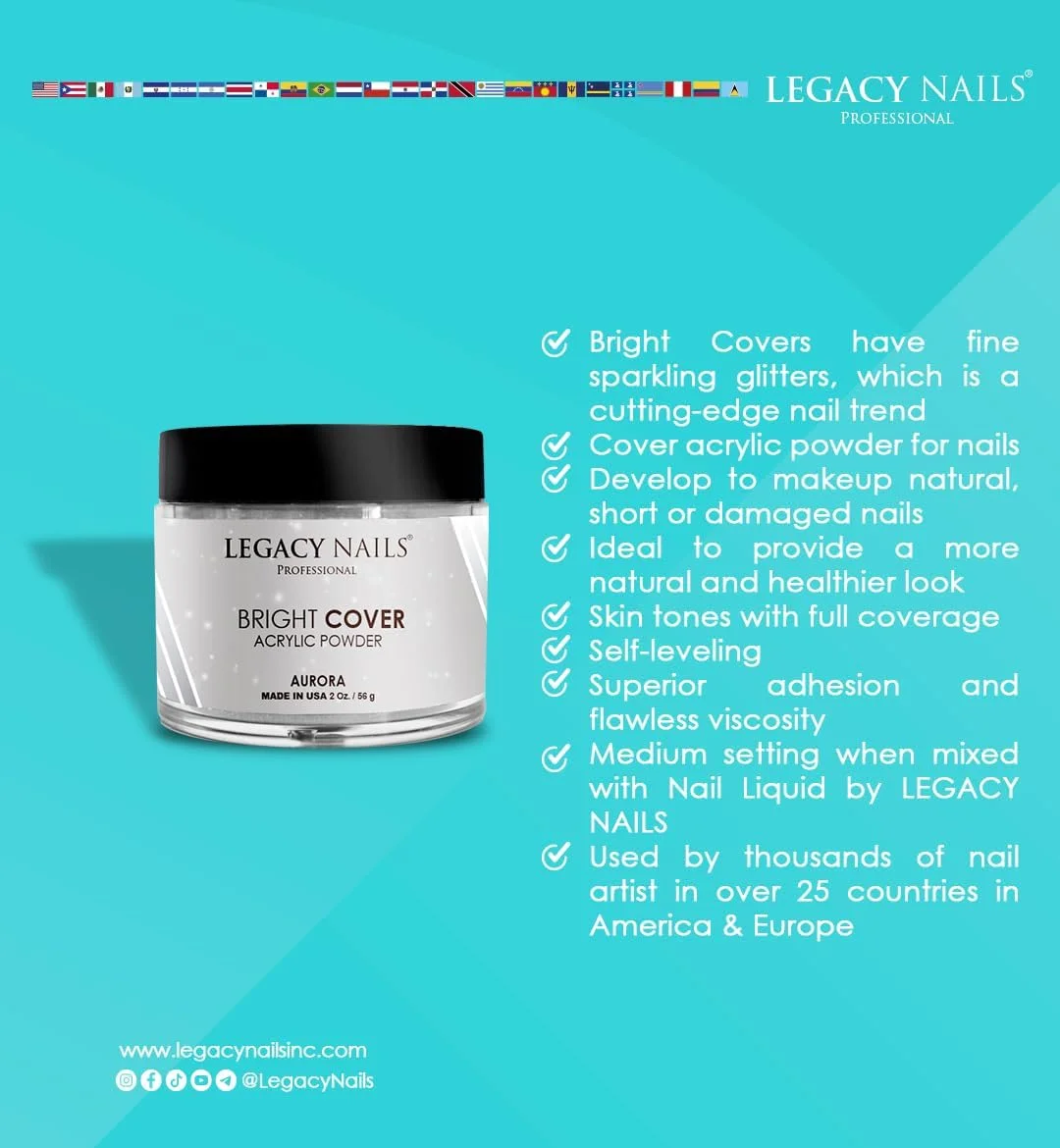 پودر اکریلیک ناخن Legacy Nails Professional Bright Cover با پوشش کامل، رنگ کرم، 2 اونس، همراه با اکلیل و درخشش برای کاشت ناخن