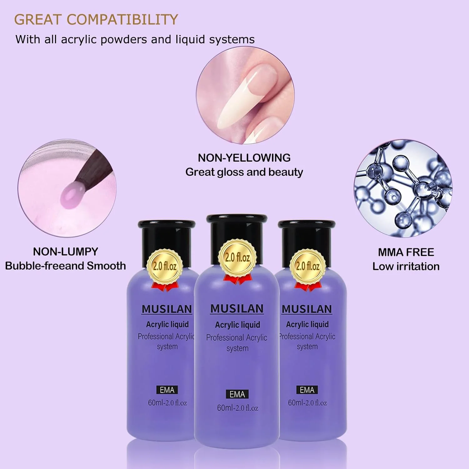 مایع لیکوئید کاشت ناخن مونومر موسیلان 180 میلی لیتر مناسب پودر اکریلیک - مایع اکریلیک حرفه ای برای پودر اکریلیک، اکستنشن ناخن اکریلیک و طراحی سه بعدی ناخن - بدون MMA، زمان خشک شدن سریع، بدون زرد شدن