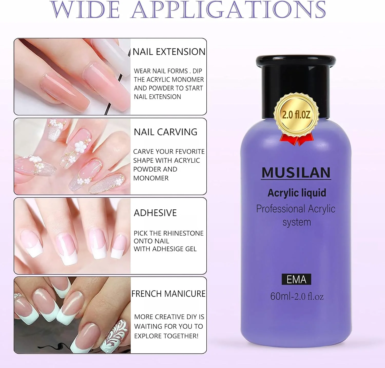 مایع لیکوئید کاشت ناخن مونومر موسیلان 180 میلی لیتر مناسب پودر اکریلیک - مایع اکریلیک حرفه ای برای پودر اکریلیک، اکستنشن ناخن اکریلیک و طراحی سه بعدی ناخن - بدون MMA، زمان خشک شدن سریع، بدون زرد شدن