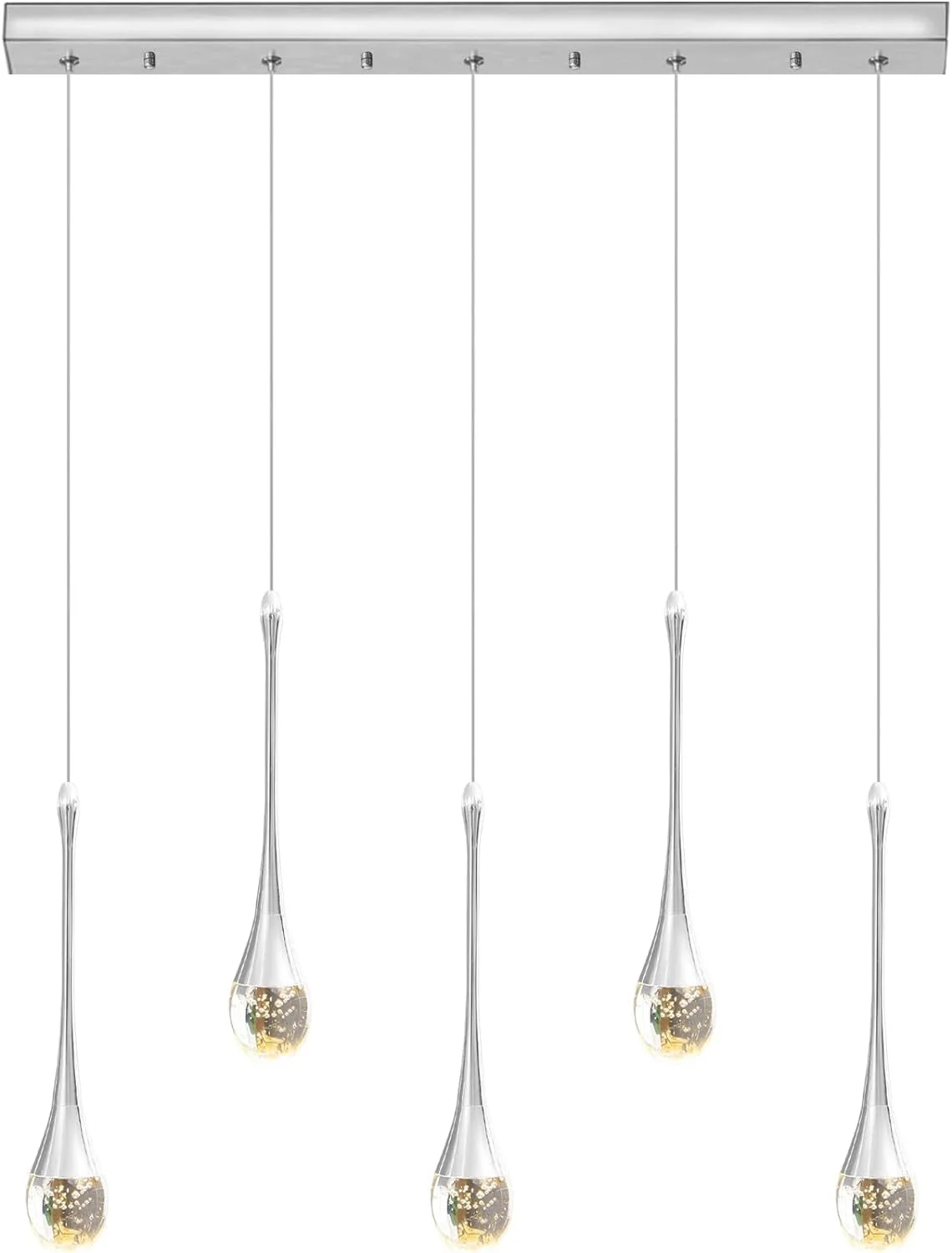 لوستر خطی 5 شاخه با قابلیت تنظیم 3 رنگ نور و دیمر، چراغ آویز کریستالی طرح قطره باران، لوستر سقفی آویز مناسب برای اتاق غذاخوری، آشپزخانه و کانتر، مدل Cha لوستر خطی 5 شاخه با قابلیت تنظیم 3 رنگ نور و دیمر، چراغ آویز کریستالی طرح قطره باران، لوستر سقفی آویز مناسب برای اتاق غذاخوری، آشپزخانه و کانتر، مدل Cha