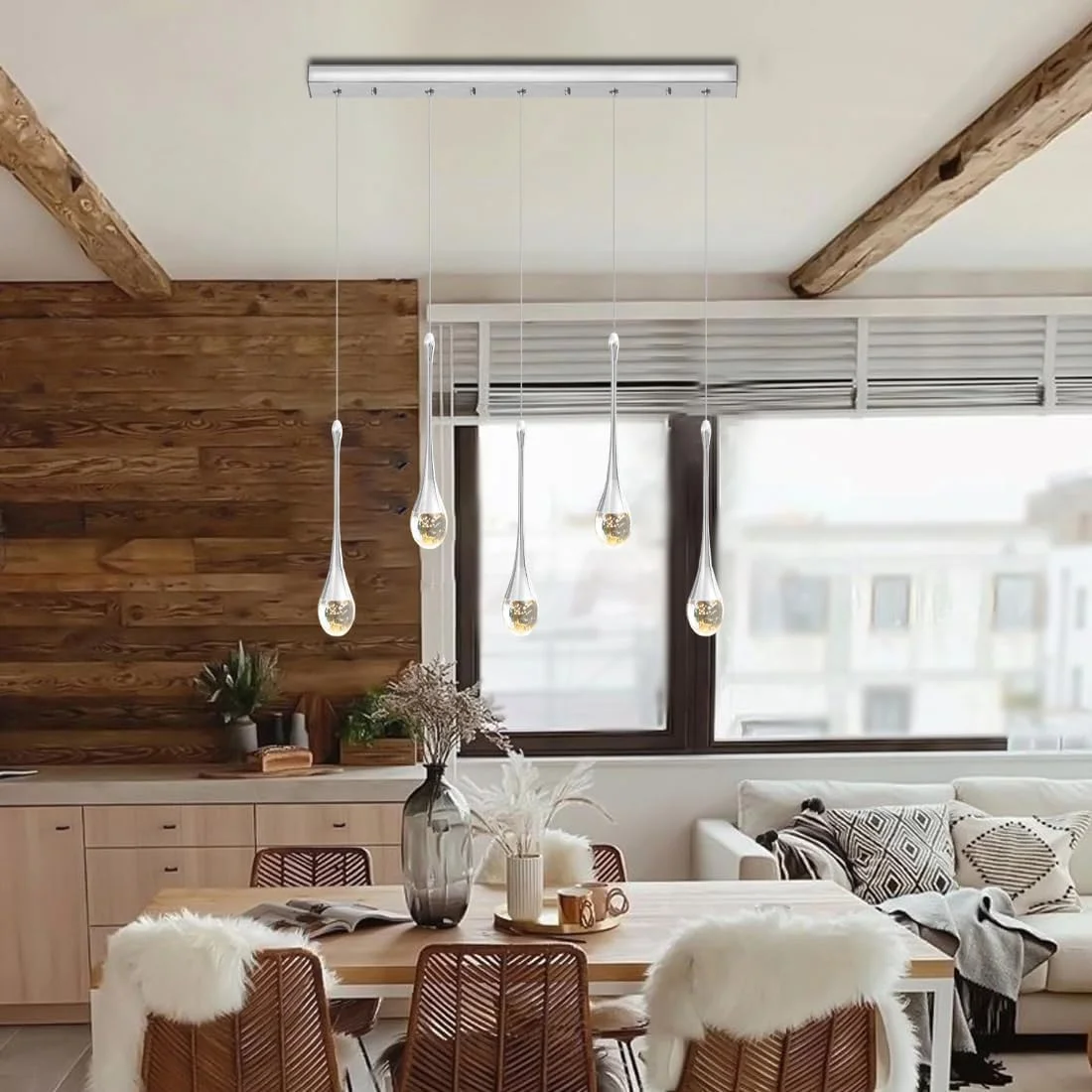 لوستر خطی 5 شاخه با قابلیت تنظیم 3 رنگ نور و دیمر، چراغ آویز کریستالی طرح قطره باران، لوستر سقفی آویز مناسب برای اتاق غذاخوری، آشپزخانه و کانتر، مدل Cha لوستر خطی 5 شاخه با قابلیت تنظیم 3 رنگ نور و دیمر، چراغ آویز کریستالی طرح قطره باران، لوستر سقفی آویز مناسب برای اتاق غذاخوری، آشپزخانه و کانتر، مدل Cha