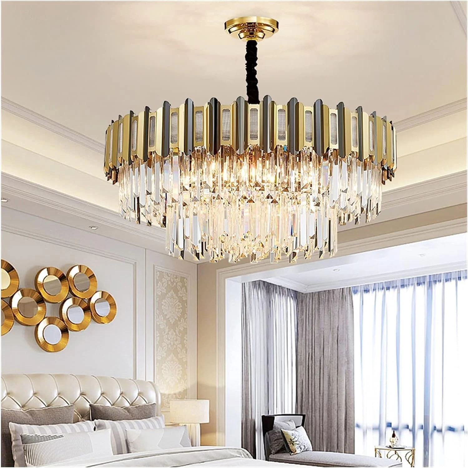 لوستر ال ای دی، روشنایی لوستر مدرن و لوکس سازگار با اتاق ناهارخوری، لامپ های کریستالی طلایی گرد، روشنایی داخلی رستوران، دکور مدرن، سفید سرد-D100CMxH33CM لوستر ال ای دی، روشنایی لوستر مدرن و لوکس سازگار با اتاق ناهارخوری، لامپ های کریستالی طلایی گرد، روشنایی داخلی رستوران، دکور مدرن، سفید سرد-D100CMxH33CM
