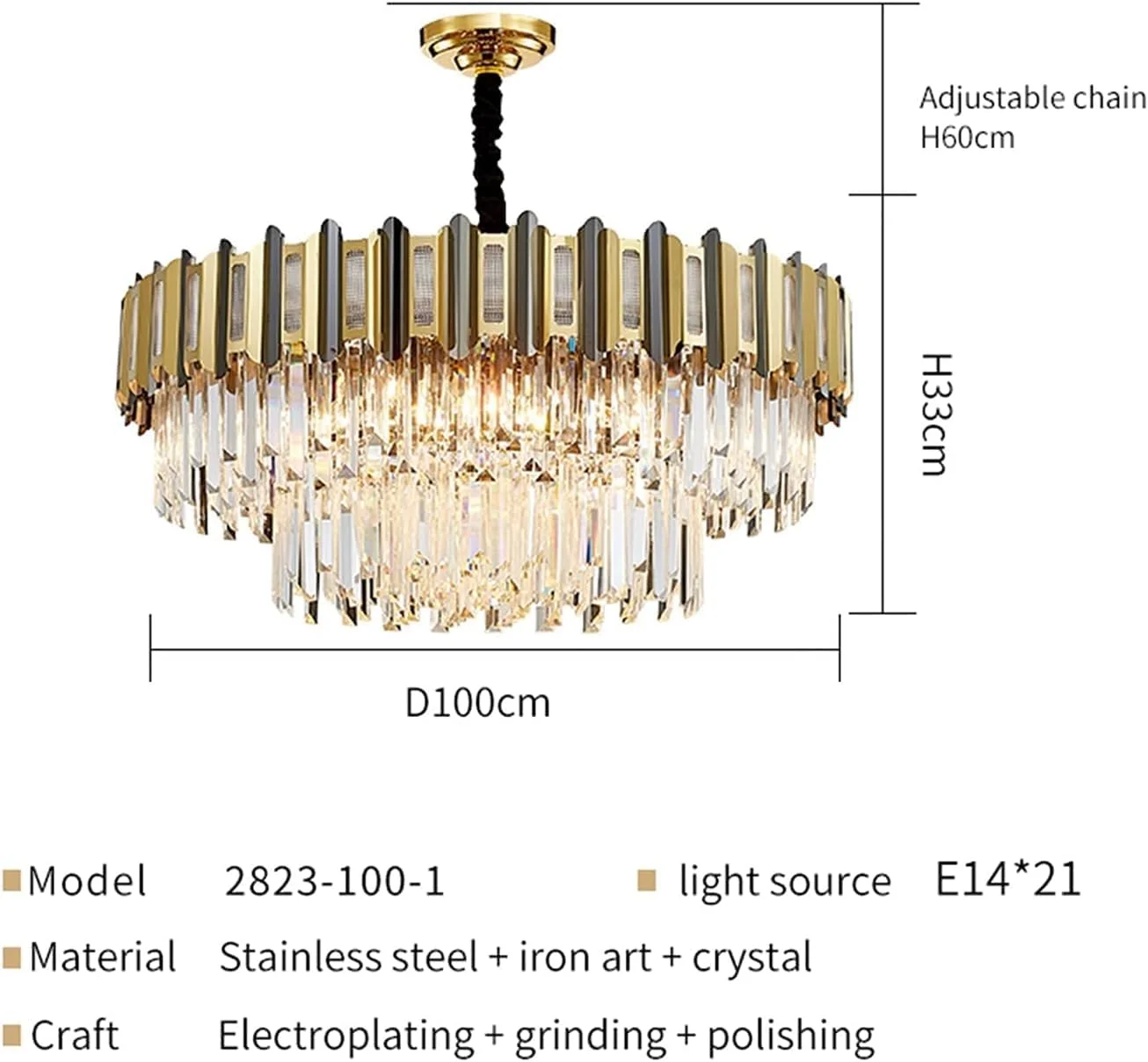 لوستر ال ای دی، روشنایی لوستر مدرن و لوکس سازگار با اتاق ناهارخوری، لامپ های کریستالی طلایی گرد، روشنایی داخلی رستوران، دکور مدرن، سفید سرد-D100CMxH33CM لوستر ال ای دی، روشنایی لوستر مدرن و لوکس سازگار با اتاق ناهارخوری، لامپ های کریستالی طلایی گرد، روشنایی داخلی رستوران، دکور مدرن، سفید سرد-D100CMxH33CM