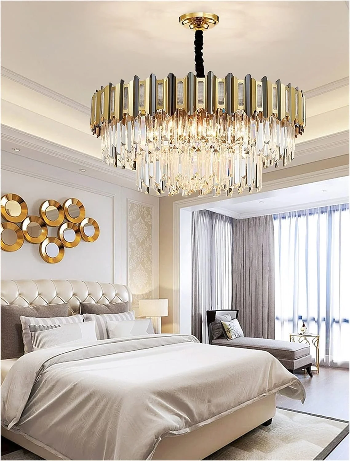 لوستر ال ای دی، لوستر مدرن لوکس سازگار با اتاق ناهار خوری، لامپ های کریستالی طلایی گرد، نورپردازی داخلی رستوران، دکور مدرن، سفید گرم - D100CMxH33CM لوستر ال ای دی، لوستر مدرن لوکس سازگار با اتاق ناهار خوری، لامپ های کریستالی طلایی گرد، نورپردازی داخلی رستوران، دکور مدرن، سفید گرم - D100CMxH33CM