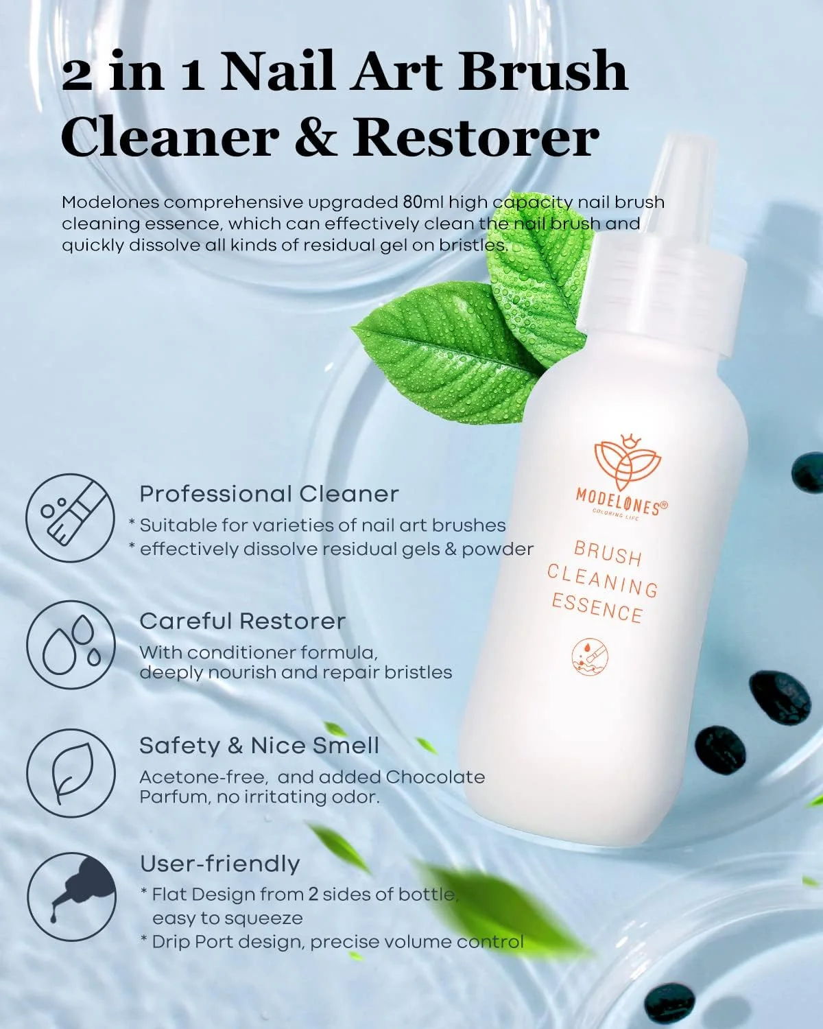 محلول تمیز کننده و احیا کننده قلم طراحی ناخن Modelones برای لاک ژل/ژل اکستنشن ناخن/قلم طراحی ناخن/پودر دیپ/قلم مانیکور پودر اکریلیک، مناسب استفاده در خانه و سالن - 80 میلی لیتر