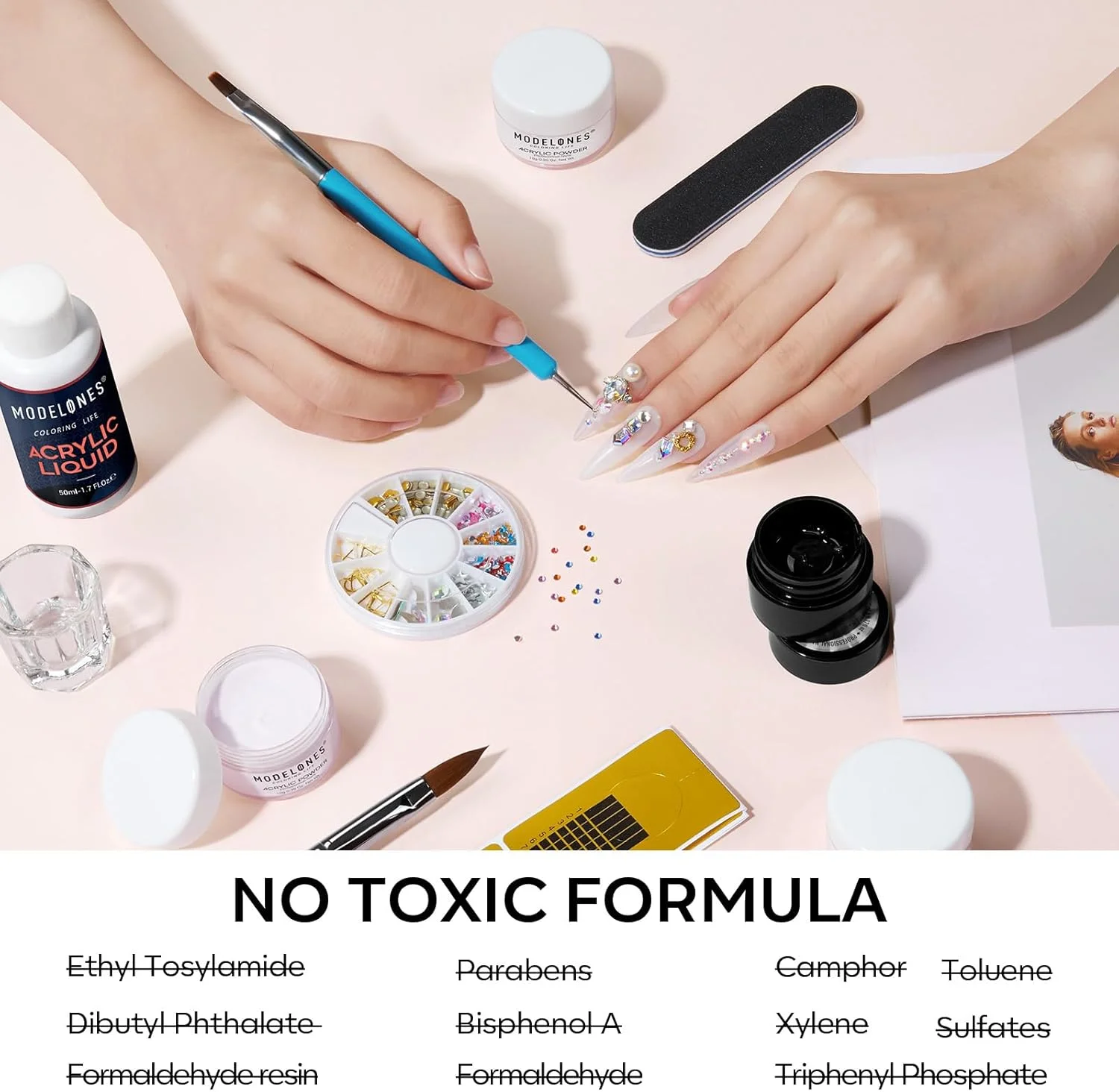 ست ناخن اکریلیک مدلونز، پودر اکریلیک شفاف/سفید/صورتی و ست مایع با چسب ناخن ژلی، برس ناخن اکریلیک، ست 11 عددی اکستنشن ناخن برای مبتدیان