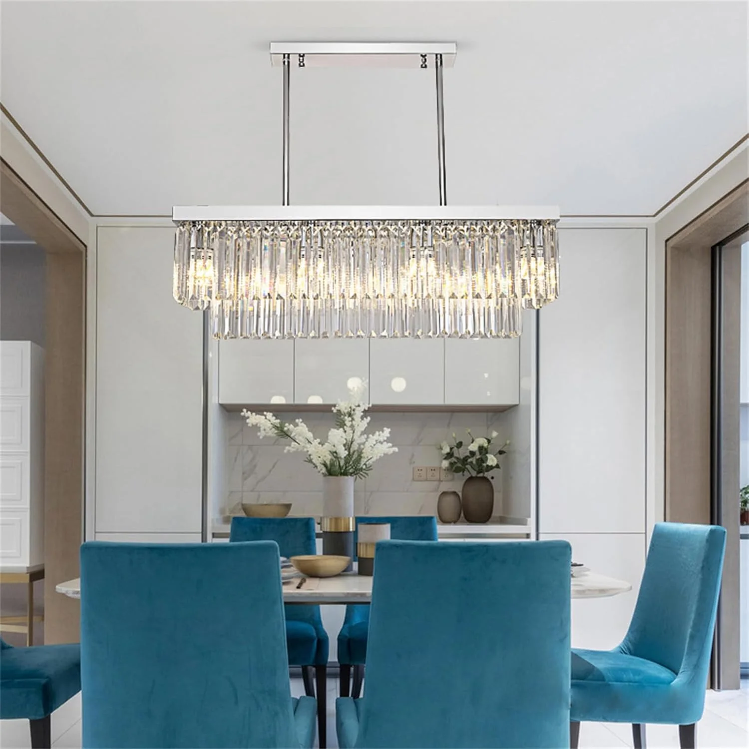 لوستر کریستالی برای اتاق ناهارخوری 10-شاخه نقره ای مدرن، لوستر مستطیلی آویز معاصر برای اتاق نشیمن جزیره آشپزخانه L80Cm X W لوستر کریستالی برای اتاق ناهارخوری 10-شاخه نقره ای مدرن، لوستر مستطیلی آویز معاصر برای اتاق نشیمن جزیره آشپزخانه L80Cm X W