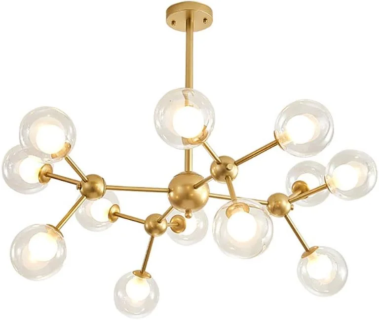 لوستر مدرن طلایی 12 شاخه با حباب‌های شیشه‌ای کروی، چراغ آویز سقفی دکوراتیو با پایه فلزی به سبک اواسط قرن برای آشپزخانه و اتاق نشیمن - 12 سر طلایی 90x80 سانتی‌متر