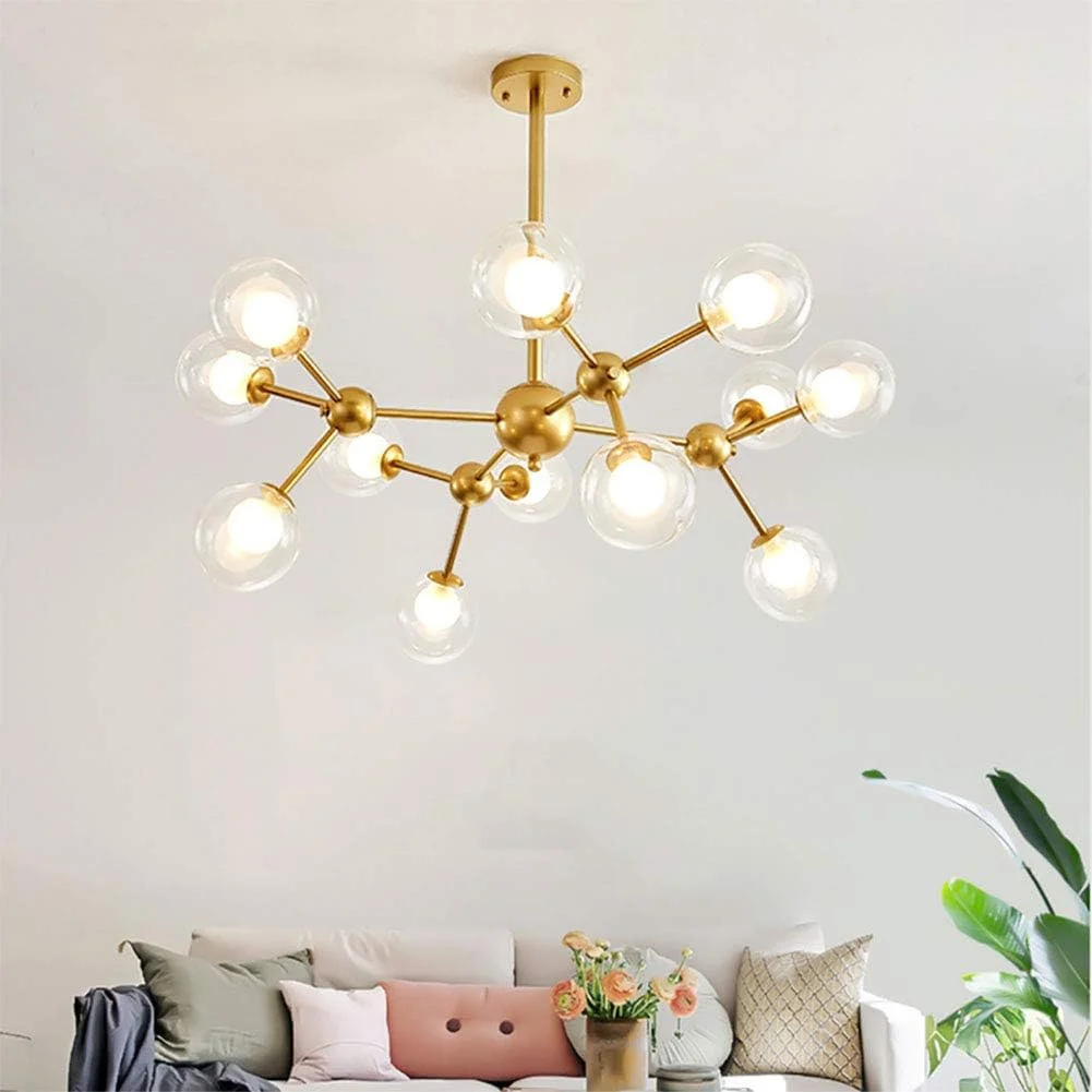 لوستر مدرن طلایی 12 شاخه با حباب‌های شیشه‌ای کروی، چراغ آویز سقفی دکوراتیو با پایه فلزی به سبک اواسط قرن برای آشپزخانه و اتاق نشیمن - 12 سر طلایی 90x80 سانتی‌متر