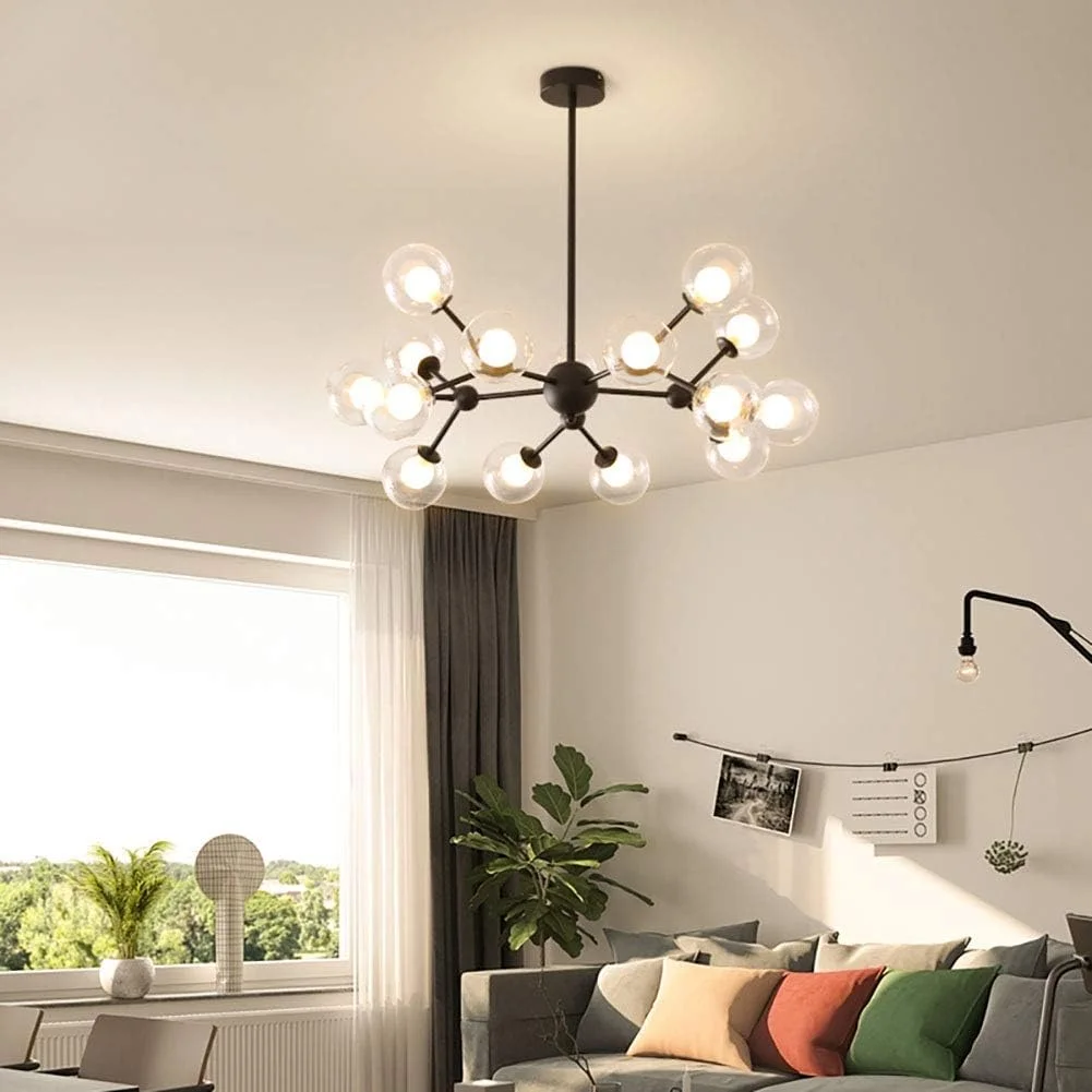 لوستر مدرن 12 شاخه طلایی با حبابهای شیشهای کروی، چراغ آویز دکوراتیو با پایه فلزی به سبک اواسط قرن، مناسب آشپزخانه و اتاق نشیمن - 12 سر مشکی 90x80 سانتیمتر لوستر مدرن 12 شاخه طلایی با حبابهای شیشهای کروی، چراغ آویز دکوراتیو با پایه فلزی به سبک اواسط قرن، مناسب آشپزخانه و اتاق نشیمن - 12 سر مشکی 90x80 سانتیمتر