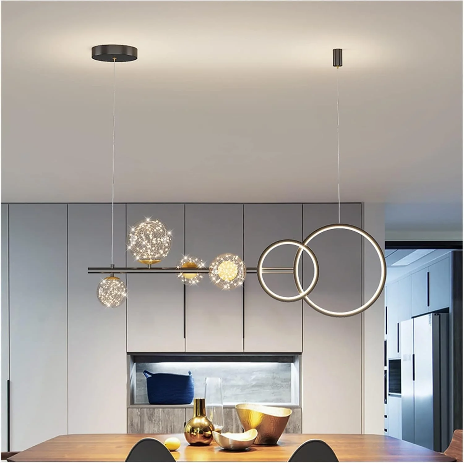 لوستر مدرن ال ای دی، لوستر رستورانی مدرن ال ای دی، چراغ آویز طلایی خطی مناسب برای دکوراسیون آشپزخانه، لوستر ال ای دی مدرن، مدل B-مشکی 100 سانتی متر-سه رنگ