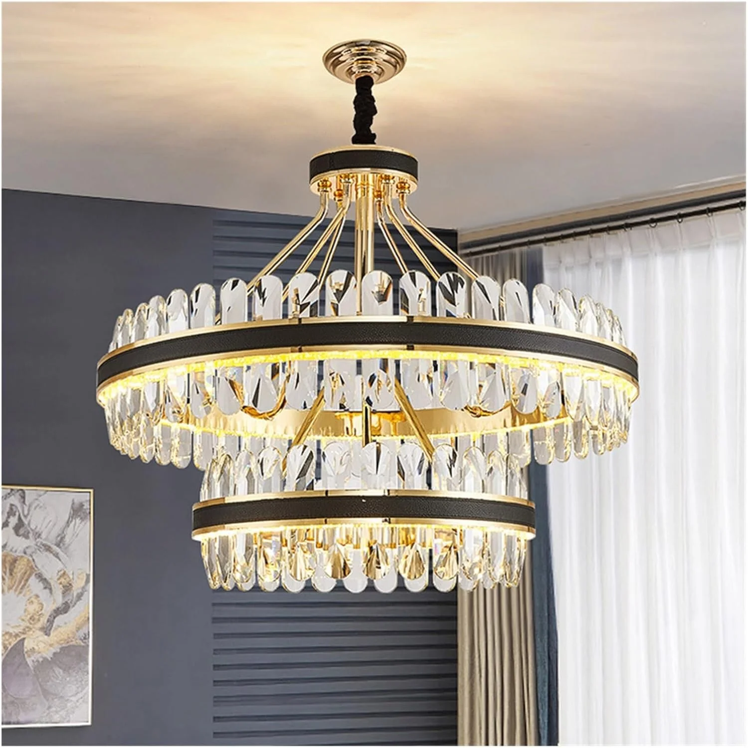 لوستر کریستالی ال ای دی مدرن گرد/مستطیلی آویز طلایی سازگار با نورپردازی دکوراسیون منزل، دکور مدرن لوستر کریستالی ال ای دی مدرن گرد/مستطیلی آویز طلایی سازگار با نورپردازی دکوراسیون منزل، دکور مدرن