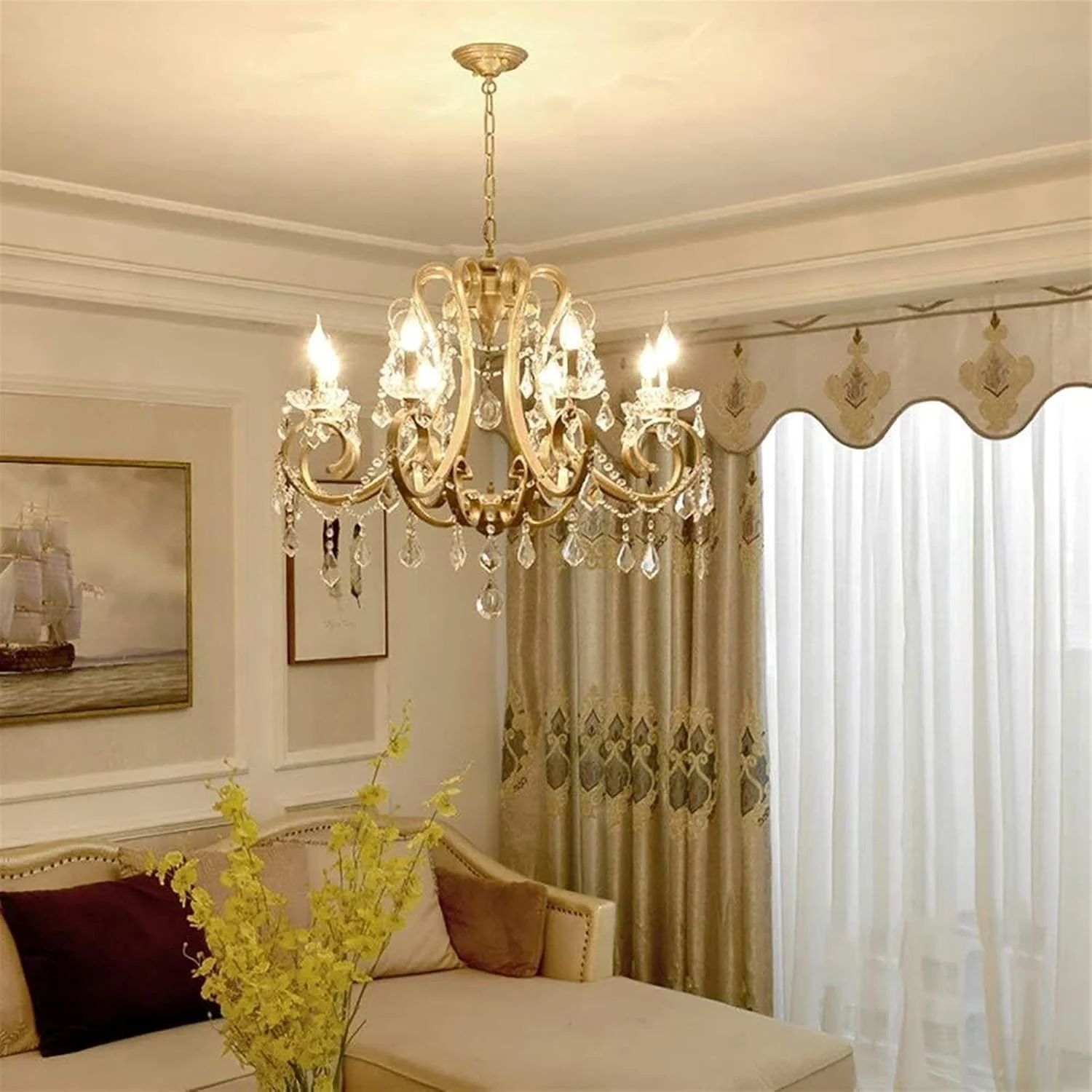 لوستر LED طرح گل کریستالی و آهنی با سرپیچ E14، دارای 6 منبع نور، طلایی، مناسب اتاق خواب، رستوران، ویلا، لوستر/چراغ اتاق نشیمن