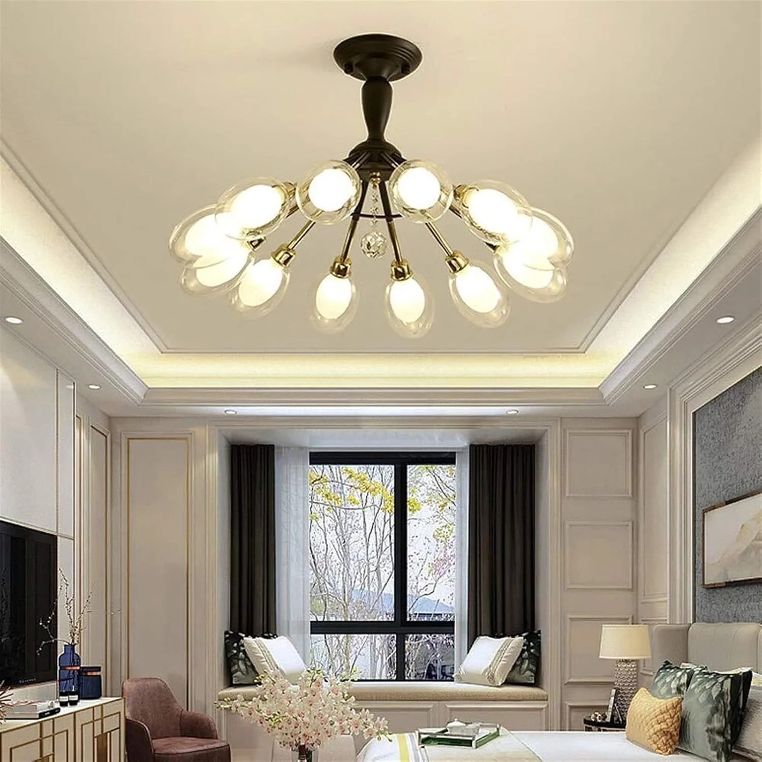 لوستر ال ای دی کریستالی سقفی عالی مشکی طلایی زرد نور گرم آهن شیشه ای لوستر اتاق ناهار خوری اتاق نشیمن اتاق مطالعه اتاق خواب ساده مدرن