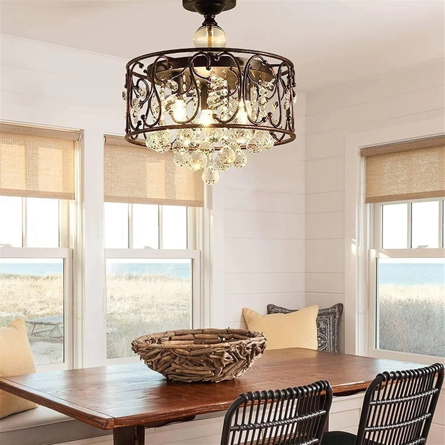 لوستر مدرن عالی، چراغ سقفی کریستالی، چراغ سقفی کریستالی E27 * 3، سایه مشکی آهنی، چراغ سقفی کریستالی نفیس، راهرو، اتاق نشیمن، اتاق خواب و رستوران، 40 سانتی متر