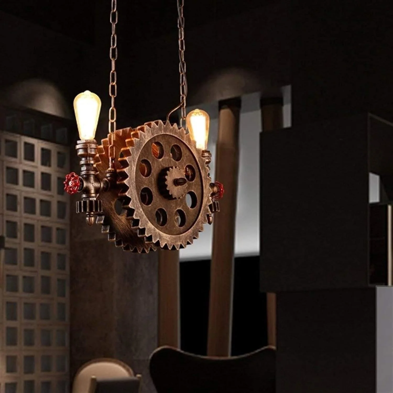 لوستر لوله آب خلاقانه و بی‌نظیر، لوستر دنده ای آهن فرفورژه وینتج لافت، مناسب اتاق نشیمن، اتاق خواب، مطالعه، هتل، کافه، سبک صنعتی، ابعاد L55cm * H32cm، سرپیچ E27، حداکثر 40 وات