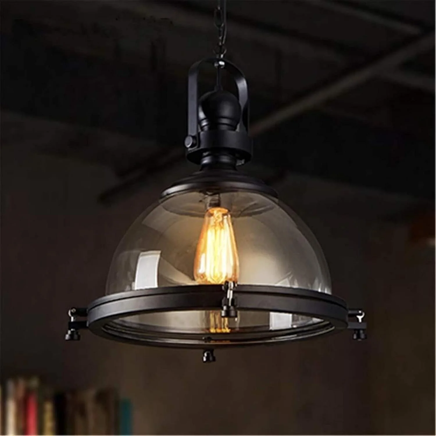 لوستر آویز رترو، چراغ آویز مشکی، تک سر، رنگ پخت، آهن فرفورژه، شیشه شفاف، دکور هنری اتاق برای اتاق خواب داخلی، اتاق غذاخوری، اتاق نشیمن E27