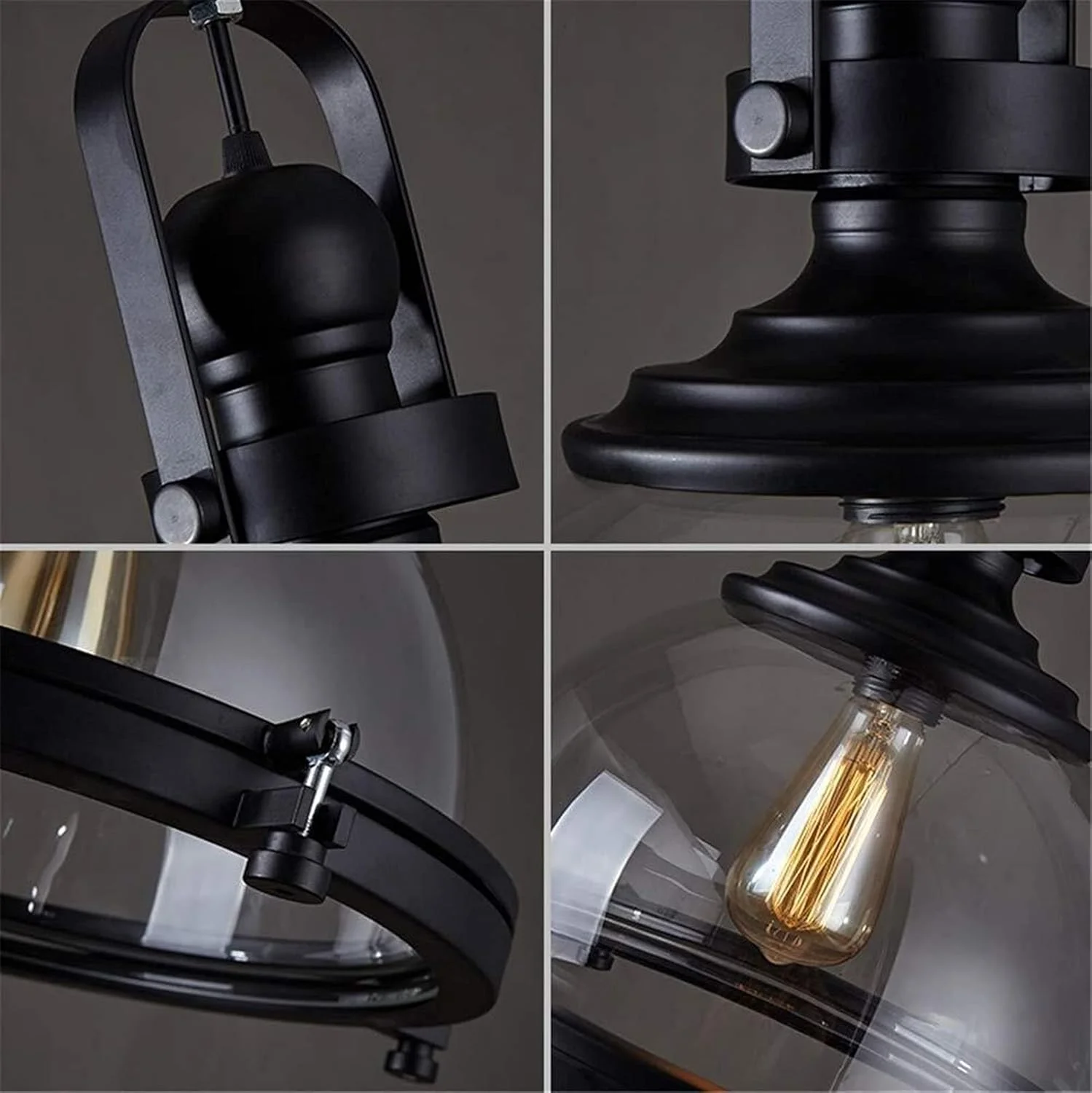 لوستر آویز رترو، چراغ آویز مشکی، تک سر، رنگ پخت، آهن فرفورژه، شیشه شفاف، دکور هنری اتاق برای اتاق خواب داخلی، اتاق غذاخوری، اتاق نشیمن E27