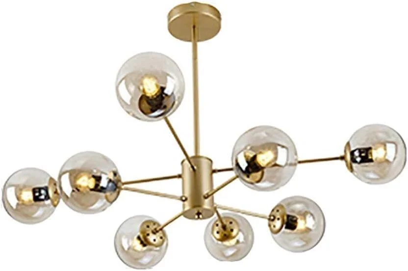 لوستر طلایی با 9، 8، 10، 12 یا 16 شاخه، دارای حباب‌های شیشه‌ای کروی، چراغ آویز، مناسب برای سقف، با سرپیچ E27، مناسب برای آشپزخانه و اتاق غذاخوری، مدرن، طلایی - 8 شاخه