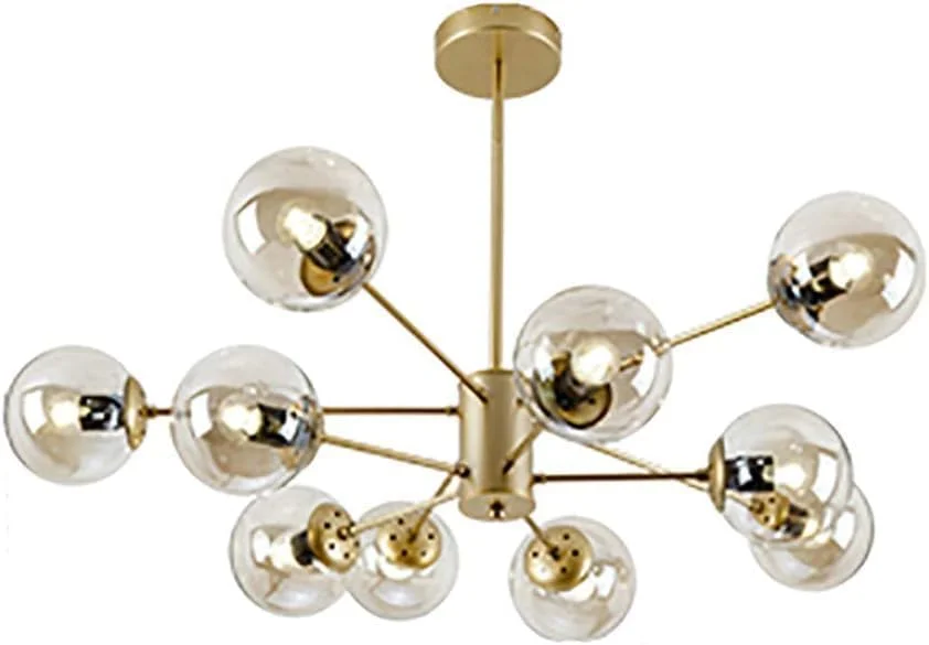 لوستر طلایی با 9، 8، 10، 12 یا 16 شاخه، دارای حباب‌های شیشه‌ای کروی، چراغ آویز، چراغ‌های سقفی E27 سازگار با آشپزخانه، اتاق غذاخوری، مدرن D، طلایی - 10 شاخه