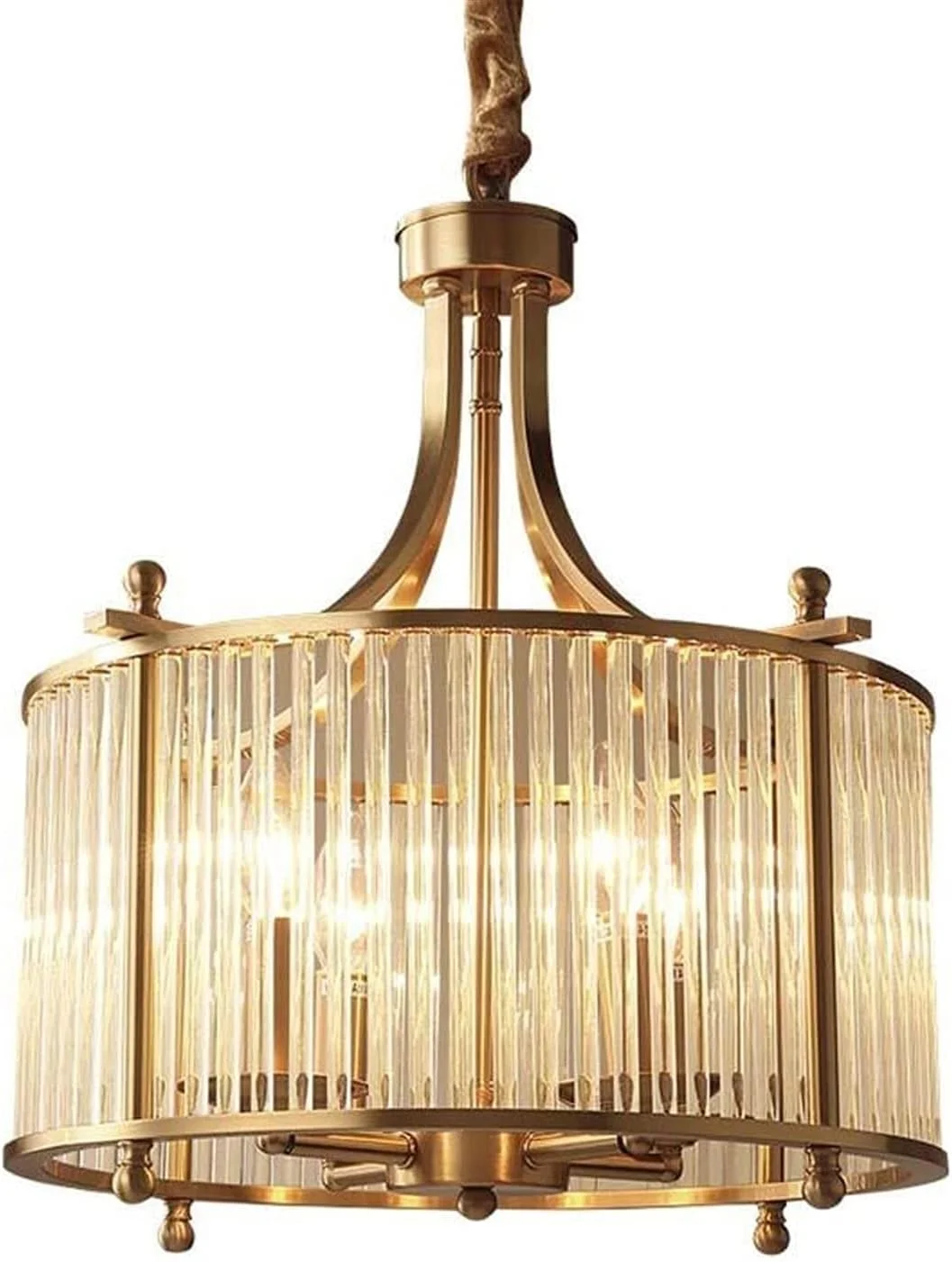 لوستر طلایی آمریکایی به سبک نوردیک، آبکاری شده، آهن فرفورژه، استوانه ای، کریستال شیشه ای، مناسب اتاق نشیمن، رستوران، سالن، اتاق خواب
