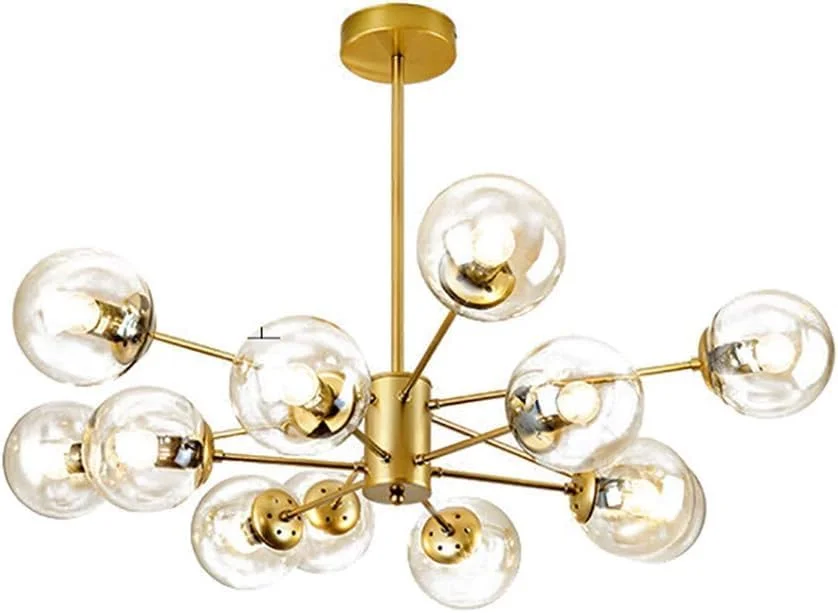 لوستر طلایی با 9، 8، 10، 12 یا 16 شاخه، دارای حباب‌های شیشه‌ای کروی، چراغ آویز، مناسب برای سقف، سرپیچ E27، مناسب برای آشپزخانه، اتاق غذاخوری، مدرن، طلایی - 12 شاخه