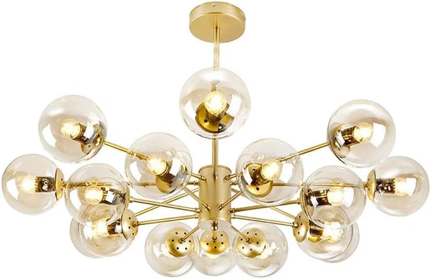 لوستر طلایی با 9، 8، 10، 12 یا 16 شاخه، دارای حباب های شیشه ای کروی، چراغ آویز، مناسب برای سقف، سرپیچ E27، مناسب برای آشپزخانه، اتاق غذاخوری، مدرن D، طلایی - 16 شاخه