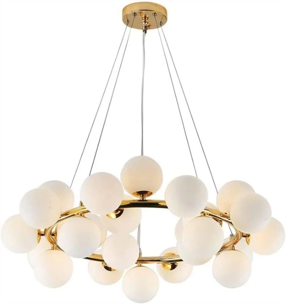 لوستر مدرن آویز طلایی کروی شیشه ای، لوستر نیمه قرن، چراغ آویز با حباب شیشه ای سفید شیری، چراغ سقفی آویز، دکور مدرن