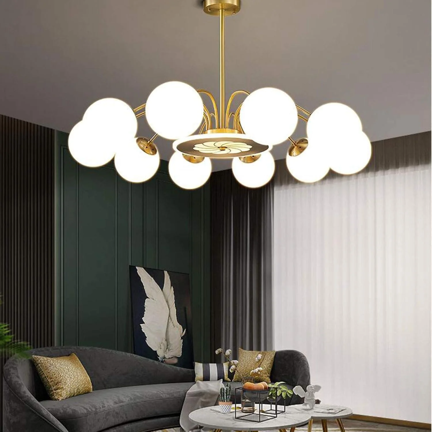 لوستر 10 شعله آویز برنجی طلایی، لوستر مدرن اواسط قرن، دکور مدرن، مسی - 10 شعله